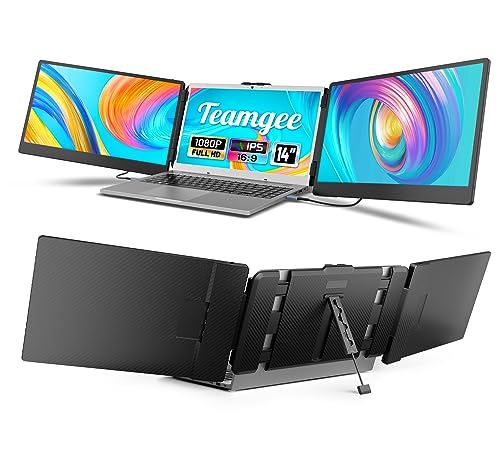 Teamgee Portable Monitor , 14” FHD 1080P IPS Laptop Screen Extender with Build-in Stand/Dual Speakers, HDMI/USB-A/Type-C Plug and Play Display for 13”-17” Laptops (Mac, Wins, Android, Dex)